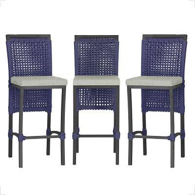 Kit 3 Banquetas Roma Tecido Azul Alumínio Encosto Fixo Preto Trama Original