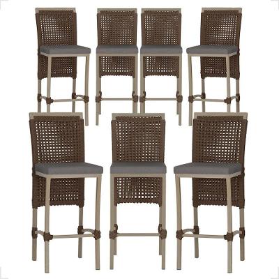 Kit 7 Banquetas Roma Fendi Alumínio Corda Náutica Tecido Encosto Fixo Marrom Trama Original