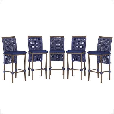 Kit 5 Banquetas Roma Alumínio Corda Náutica Encosto Fixo Marrom e Azul Trama Original