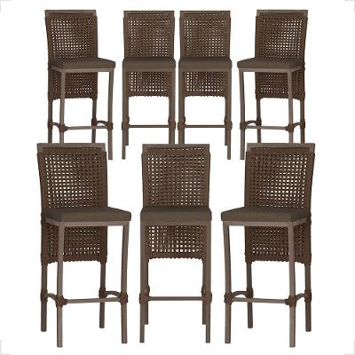 Kit 7 Banquetas Roma Alumínio Assento Tecido com Encosto Marrom Trama Original