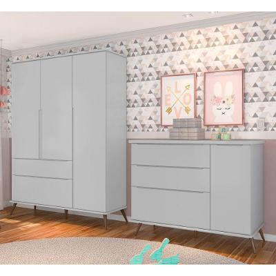 Conjunto Infantil Tina 3 Portas de Bater 2 Gavetas MDF Laqueado Cinza Semi Brilho Sallar Home