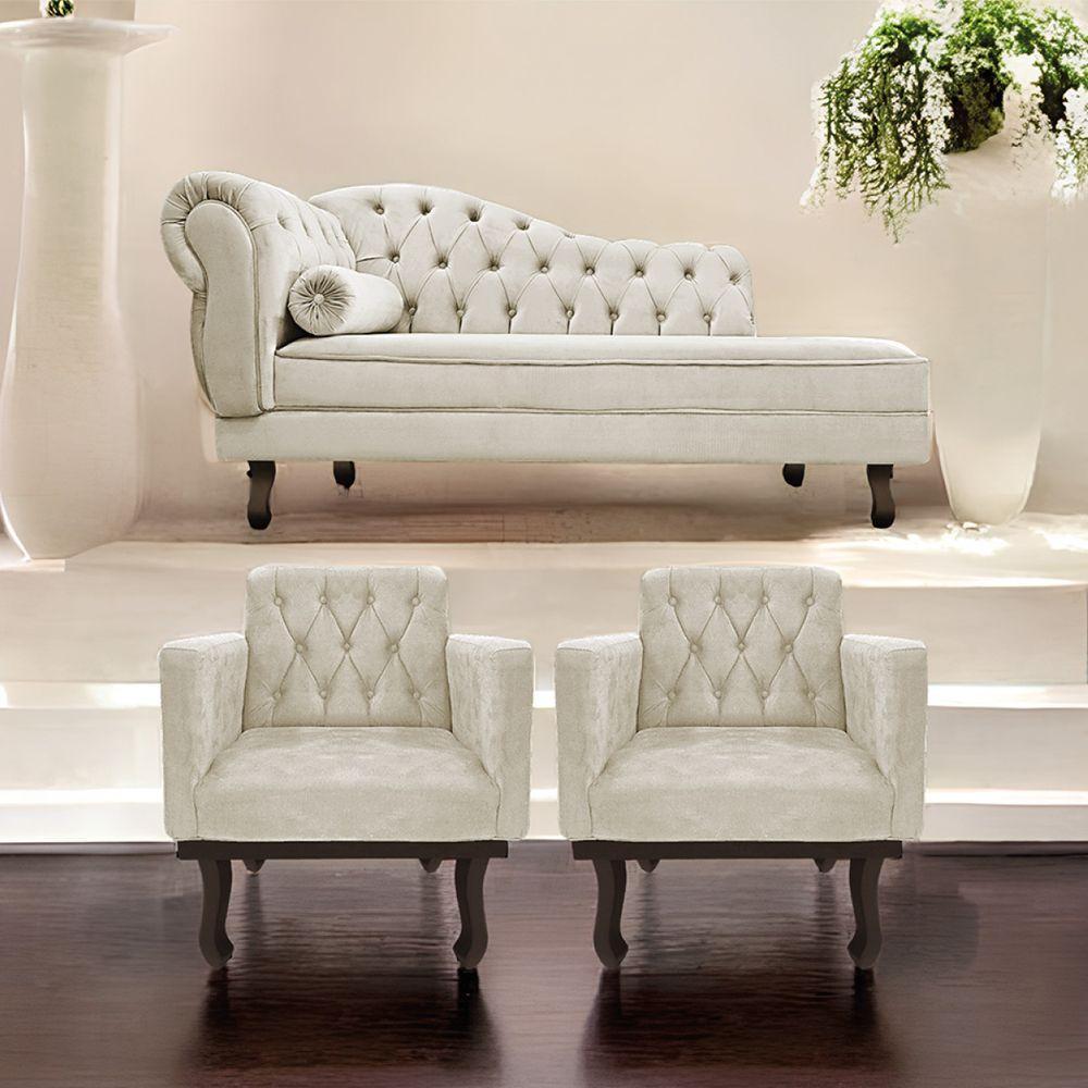 Kit Diva Recamier Diana 140Cm Lado Direito E 02 Poltronas Classic Linho Bege - 7