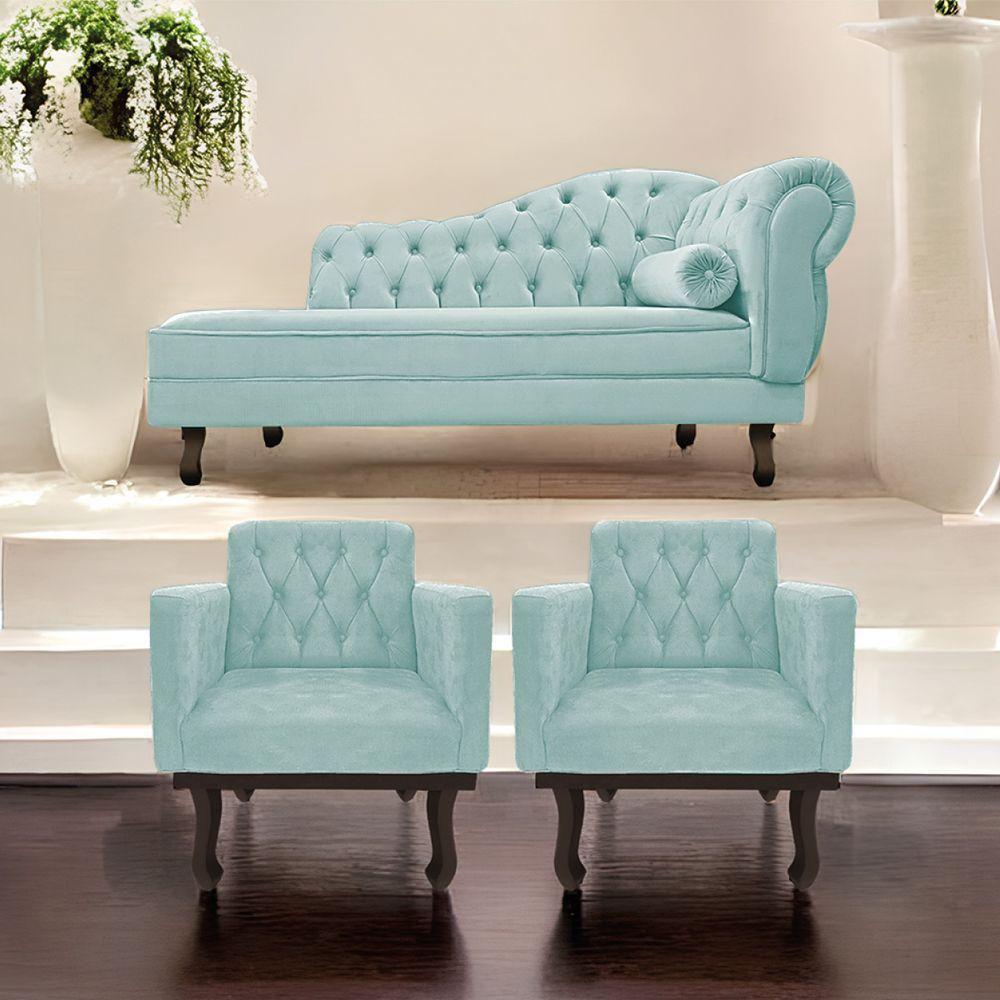 Kit Diva Recamier Diana 130Cm Lado Esquerdo E 02 Poltronas Classic Suede Azul Tiffany - 7
