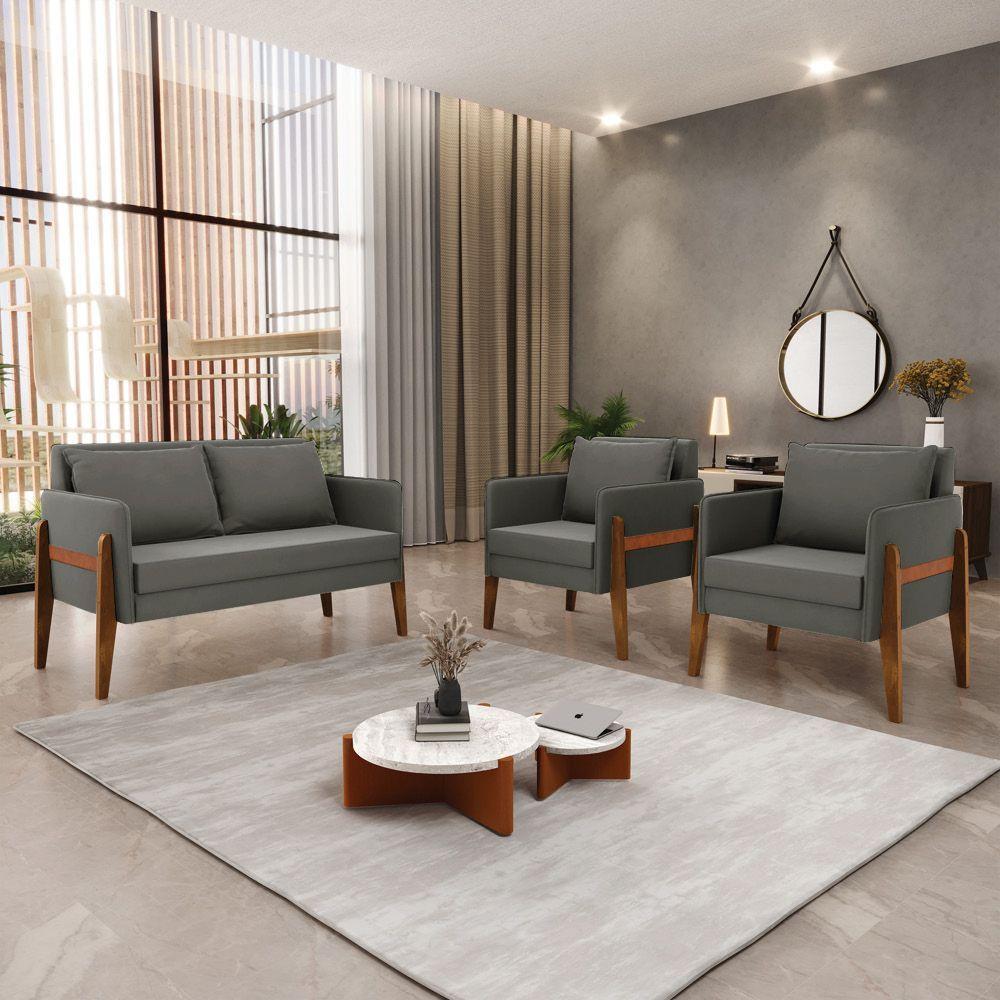 Kit 1 Sofá Namoradeira E 2 Poltronas Lana Suede Base De Madeira - D'rossi Cor Grafite - 8