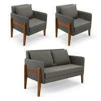 Kit 1 Sofá Namoradeira E 2 Poltronas Lana Suede Base De Madeira - D'rossi Cor Grafite - 1