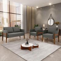 Kit 1 Sofá Namoradeira E 2 Poltronas Lana Suede Base De Madeira - D'rossi Cor Grafite - 8