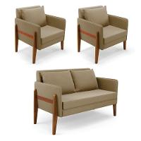 Kit 1 Sofá Namoradeira E 2 Poltronas Lana Suede Marrom Rato Base De Madeira - D'rossi - 1