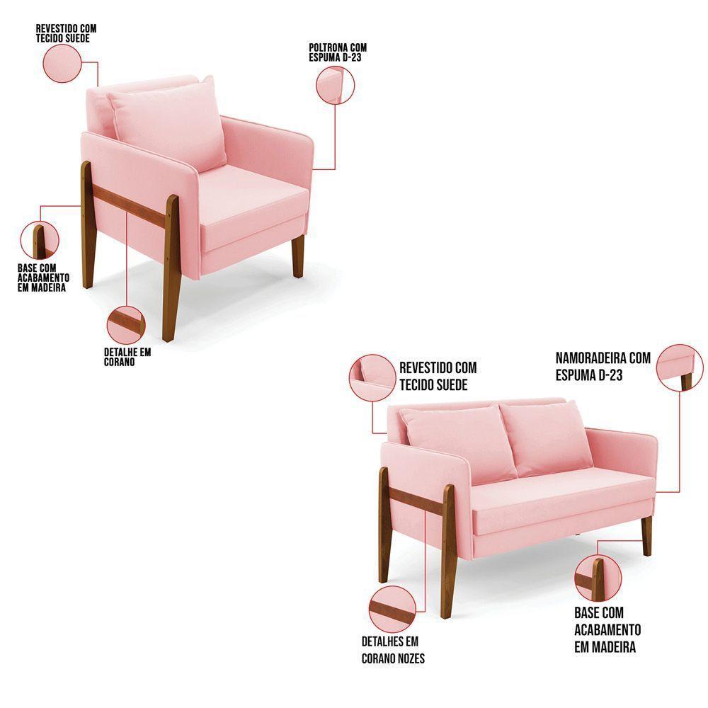 Kit 1 Sofá Namoradeira E 2 Poltronas Lana Suede Rosa Bebê Base De Madeira - D'rossi - 7