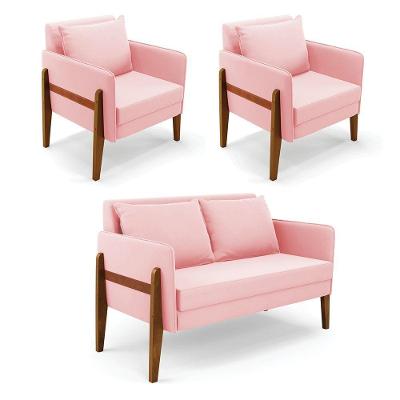 Kit 1 Sofá Namoradeira E 2 Poltronas Lana Suede Rosa Bebê Base De Madeira - D'rossi