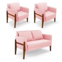 Kit 1 Sofá Namoradeira E 2 Poltronas Lana Suede Rosa Bebê Base De Madeira - D'rossi - 1
