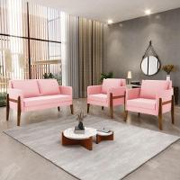 Kit 1 Sofá Namoradeira E 2 Poltronas Lana Suede Rosa Bebê Base De Madeira - D'rossi - 5