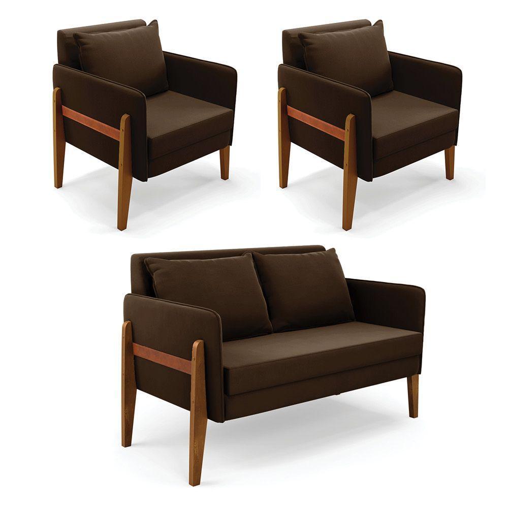 Kit 1 Sofá Namoradeira E 2 Poltronas Lana Suede Marrom Base De Madeira - D'rossi - 1