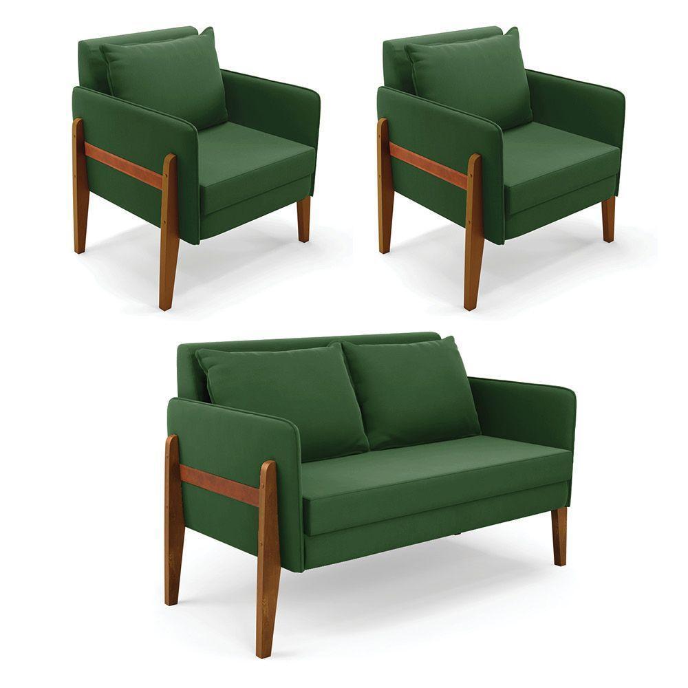 Kit 1 Sofá Namoradeira E 2 Poltronas Lana Suede Base De Madeira - D'rossi Cor Verde - 1