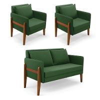 Kit 1 Sofá Namoradeira E 2 Poltronas Lana Suede Base De Madeira - D'rossi Cor Verde - 1