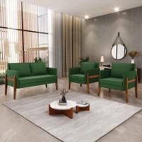 Kit 1 Sofá Namoradeira E 2 Poltronas Lana Suede Base De Madeira - D'rossi Cor Verde - 15