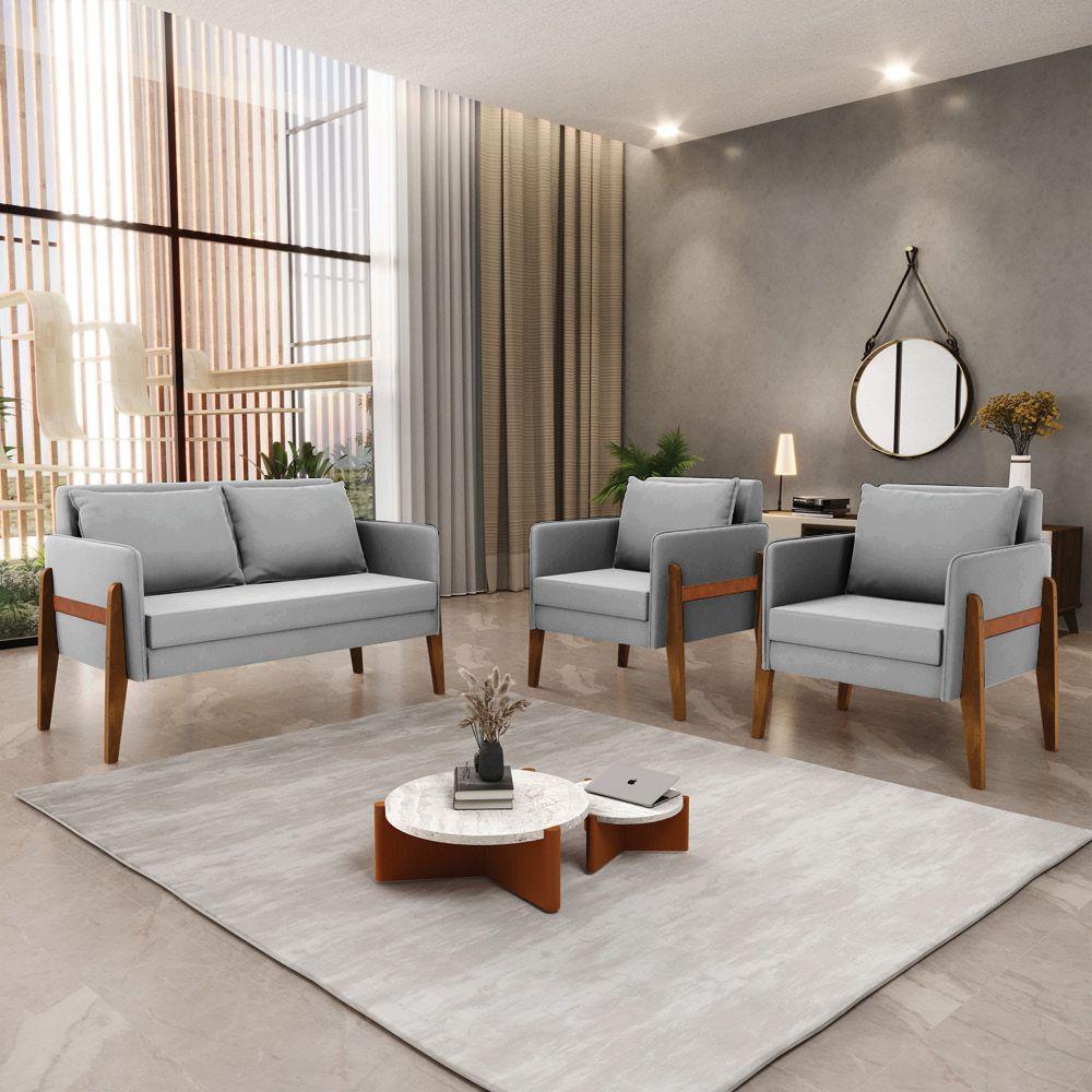 Kit 1 Sofá Namoradeira E 2 Poltronas Lana Suede Cinza Base De Madeira - D'rossi - 8