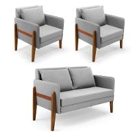 Kit 1 Sofá Namoradeira E 2 Poltronas Lana Suede Cinza Base De Madeira - D'rossi - 1