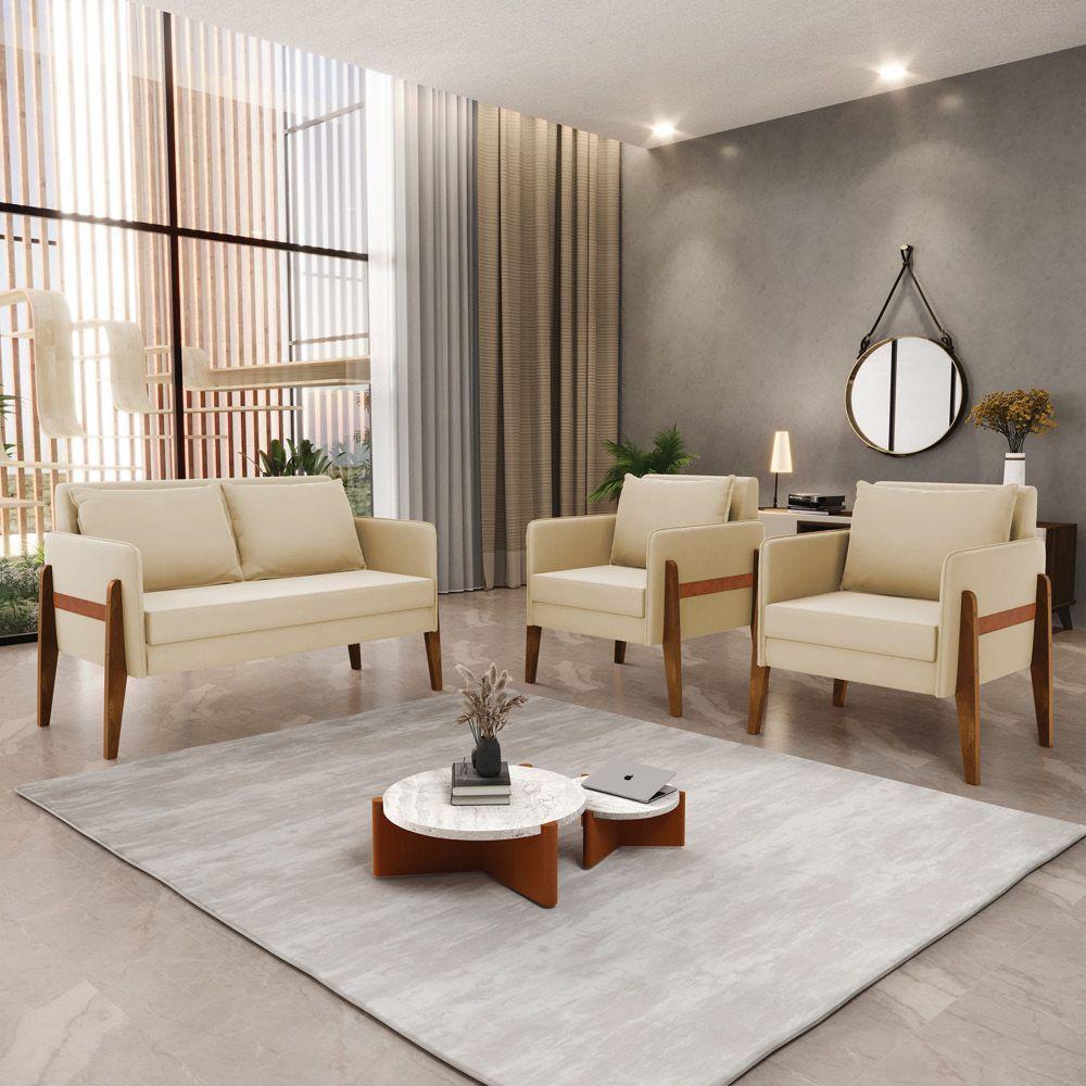 Kit 1 Sofá Namoradeira E 2 Poltronas Lana Suede Bege Base De Madeira - D'rossi - 8