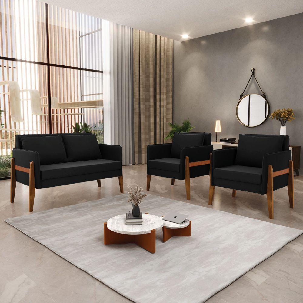 Kit 1 Sofá Namoradeira E 2 Poltronas Lana Suede Base De Madeira - D'rossi Cor Preto - 9