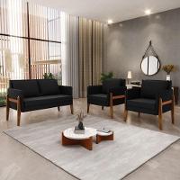 Kit 1 Sofá Namoradeira E 2 Poltronas Lana Suede Base De Madeira - D'rossi Cor Preto - 9