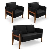 Kit 1 Sofá Namoradeira E 2 Poltronas Lana Suede Base De Madeira - D'rossi Cor Preto - 10