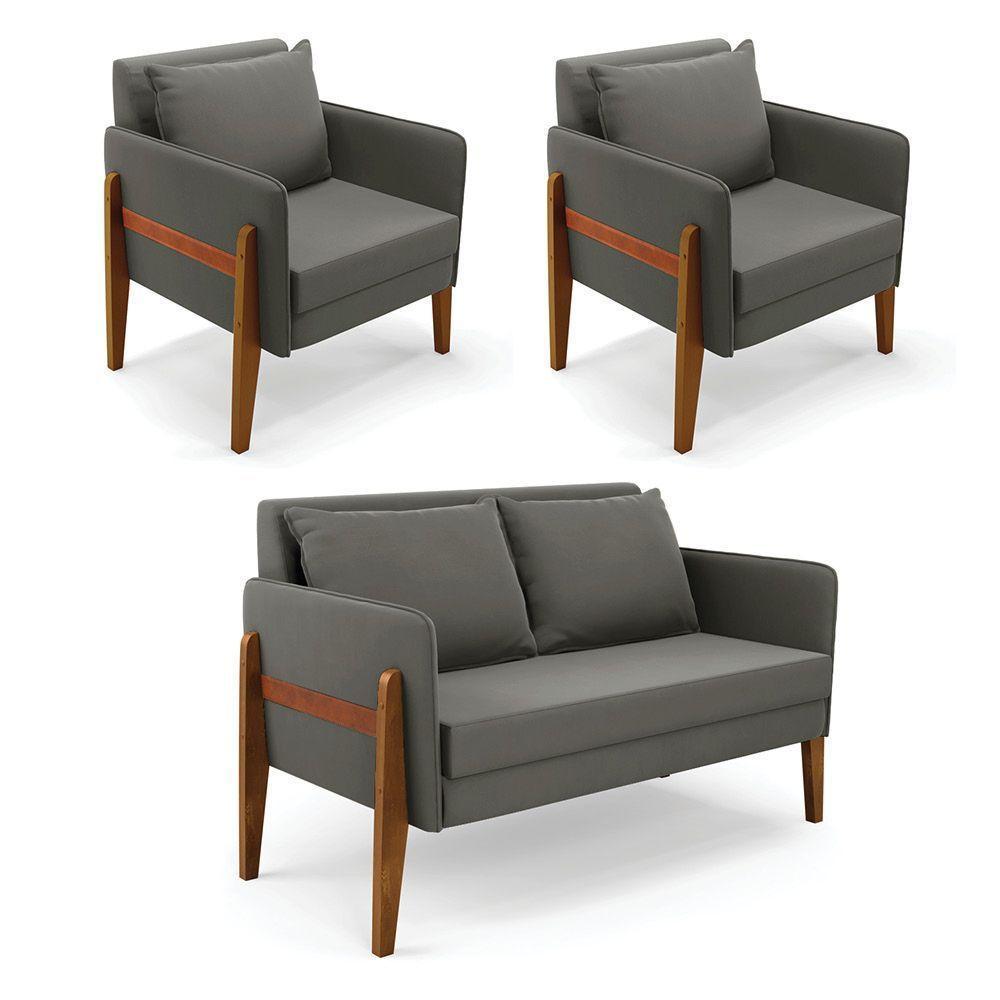 Kit 1 Sofá Namoradeira E 2 Poltronas Lana Suede Grafite Base De Madeira - D'rossi - 1