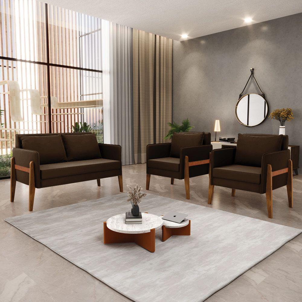 Kit 1 Sofá Namoradeira E 2 Poltronas Lana Suede Base De Madeira - D'rossi Cor Marrom - 8