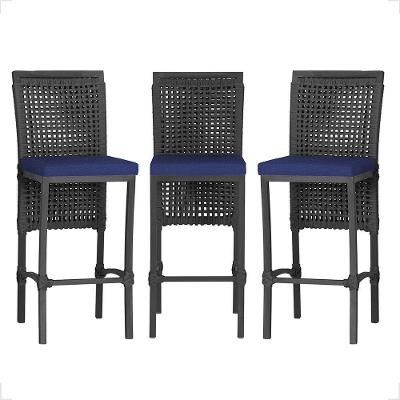 Kit 3 Banquetas Roma Alumínio Corda Náutica Tecido Encosto Preto Trama Original
