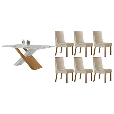 Kit 6 Cadeiras Dakota Mesa Imperatriz Curvo 180CM Moderno MDF Tecido 45cm Suede Creme Móveis Rufato