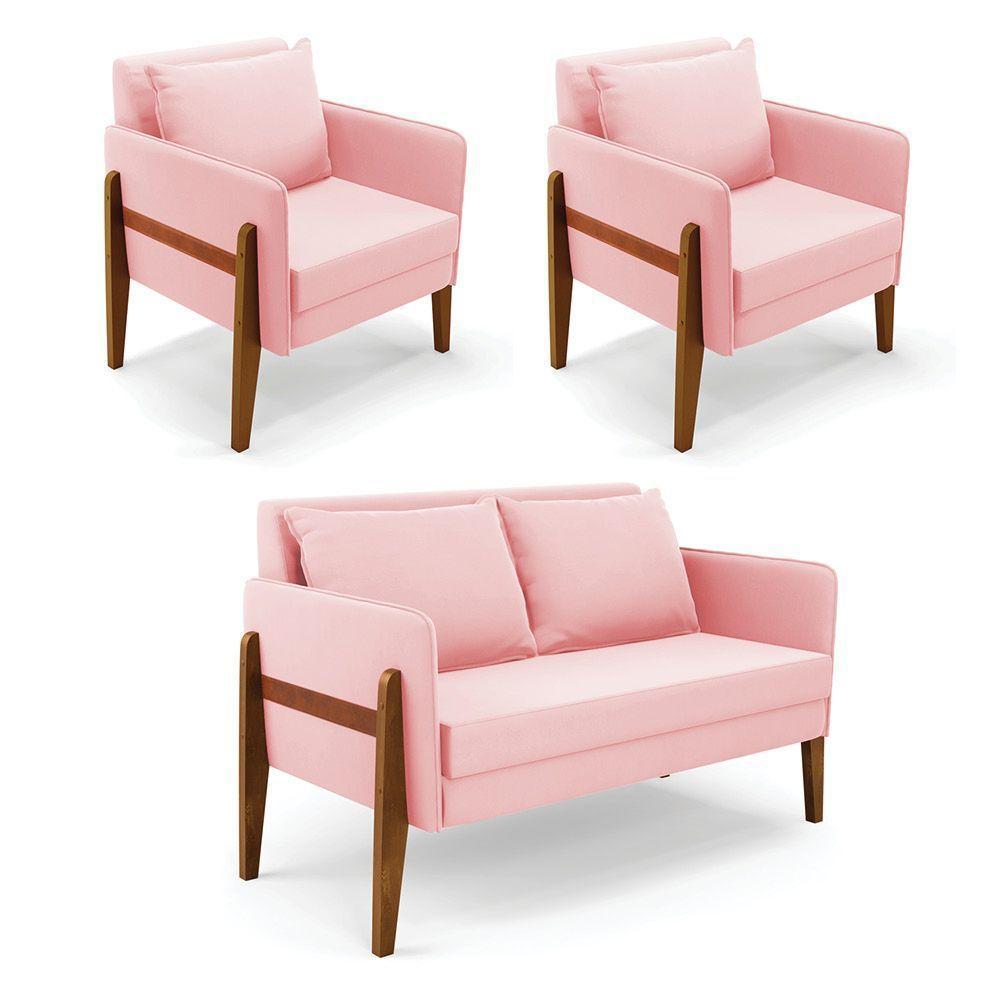 Kit 1 Sofá Namoradeira E 2 Poltronas Lana Suede Base De Madeira - D'rossi Cor Rosa Bebê - 1