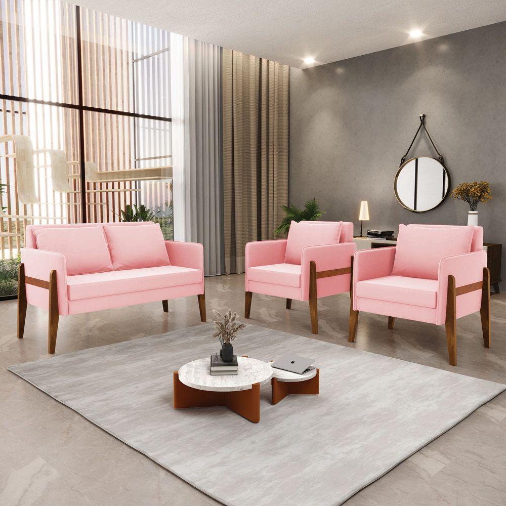 Kit 1 Sofá Namoradeira E 2 Poltronas Lana Suede Base De Madeira - D'rossi Cor Rosa Bebê - 8