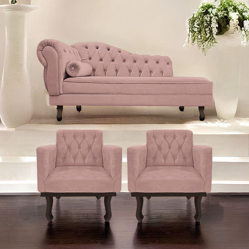 Kit Diva Recamier Diana 185Cm Lado Direito E 02 Poltronas Classic Linho Rosê - 7