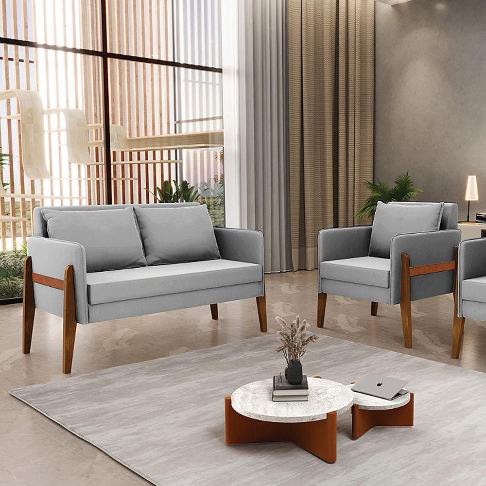 Kit 1 Sofá Namoradeira E 1 Poltrona Lana Suede Cinza Base De Madeira - D'rossi - 3