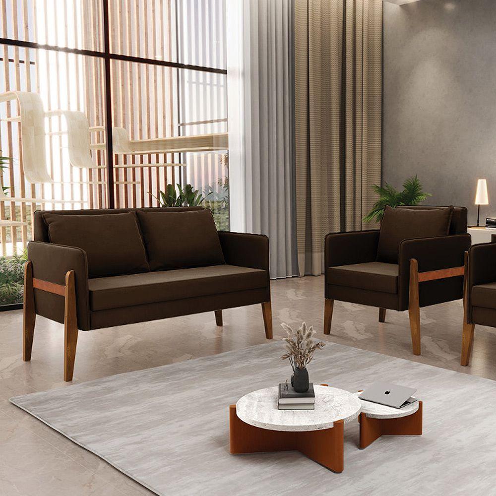 Kit 1 Sofá Namoradeira E 1 Poltrona Lana Suede Marrom Base De Madeira - D'rossi - 8