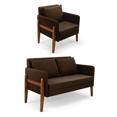 Kit 1 Sofá Namoradeira E 1 Poltrona Lana Suede Marrom Base De Madeira - D'rossi