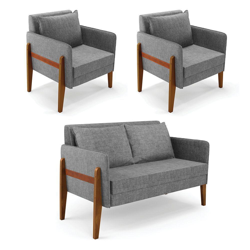 Kit 1 Sofá Namoradeira E 2 Poltronas Lana Linho Base De Madeira - D'rossi Cor A26 Grafite - 1