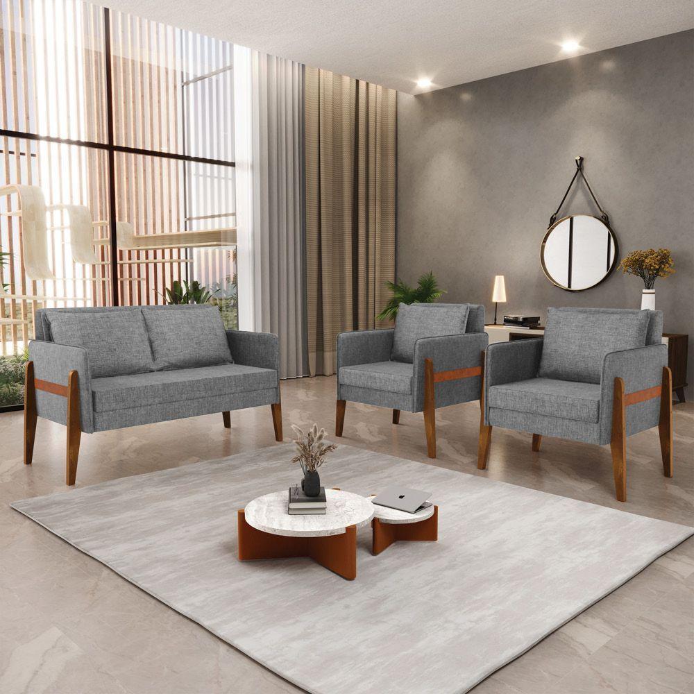 Kit 1 Sofá Namoradeira E 2 Poltronas Lana Linho Base De Madeira - D'rossi Cor A26 Grafite - 8