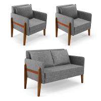 Kit 1 Sofá Namoradeira E 2 Poltronas Lana Linho Base De Madeira - D'rossi Cor A26 Grafite - 1