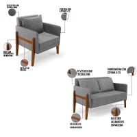 Kit 1 Sofá Namoradeira E 2 Poltronas Lana Linho Base De Madeira - D'rossi Cor A26 Grafite - 6