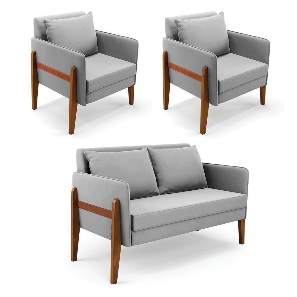 Kit 1 Sofá Namoradeira E 2 Poltronas Lana Suede Base De Madeira - D'rossi Cor Cinza - 1