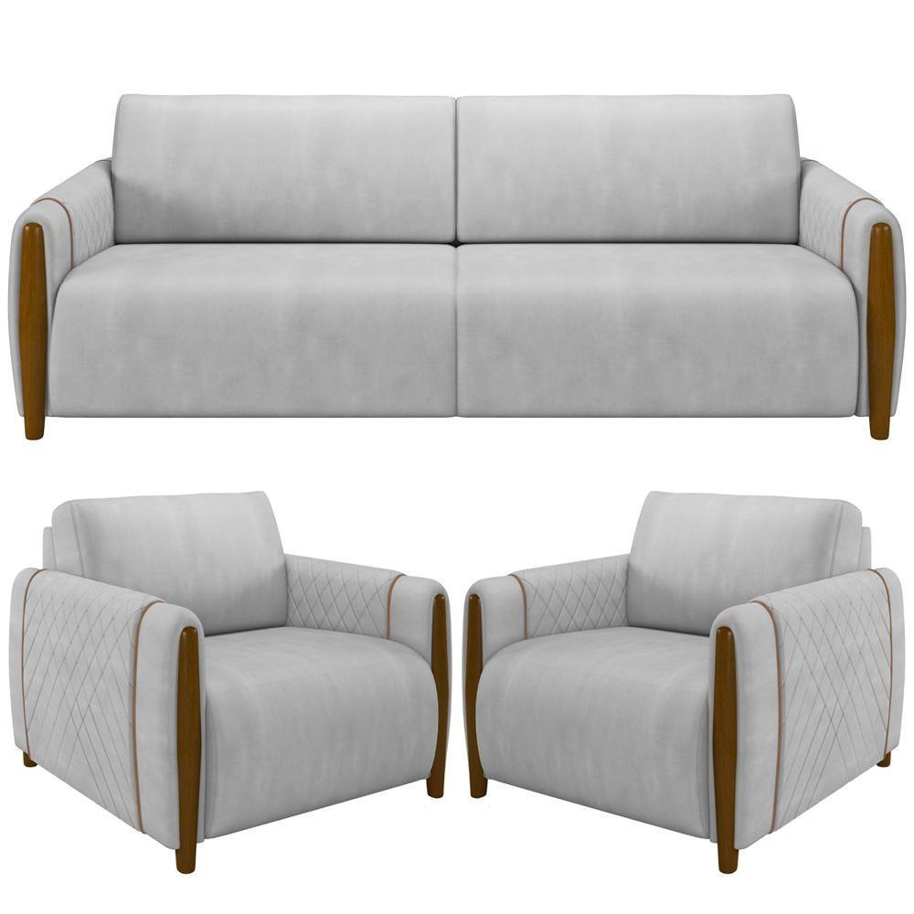 Kit Sofá 03 Lugares 223Cm Com 02 Poltronas Flora M03 Cinza - 1