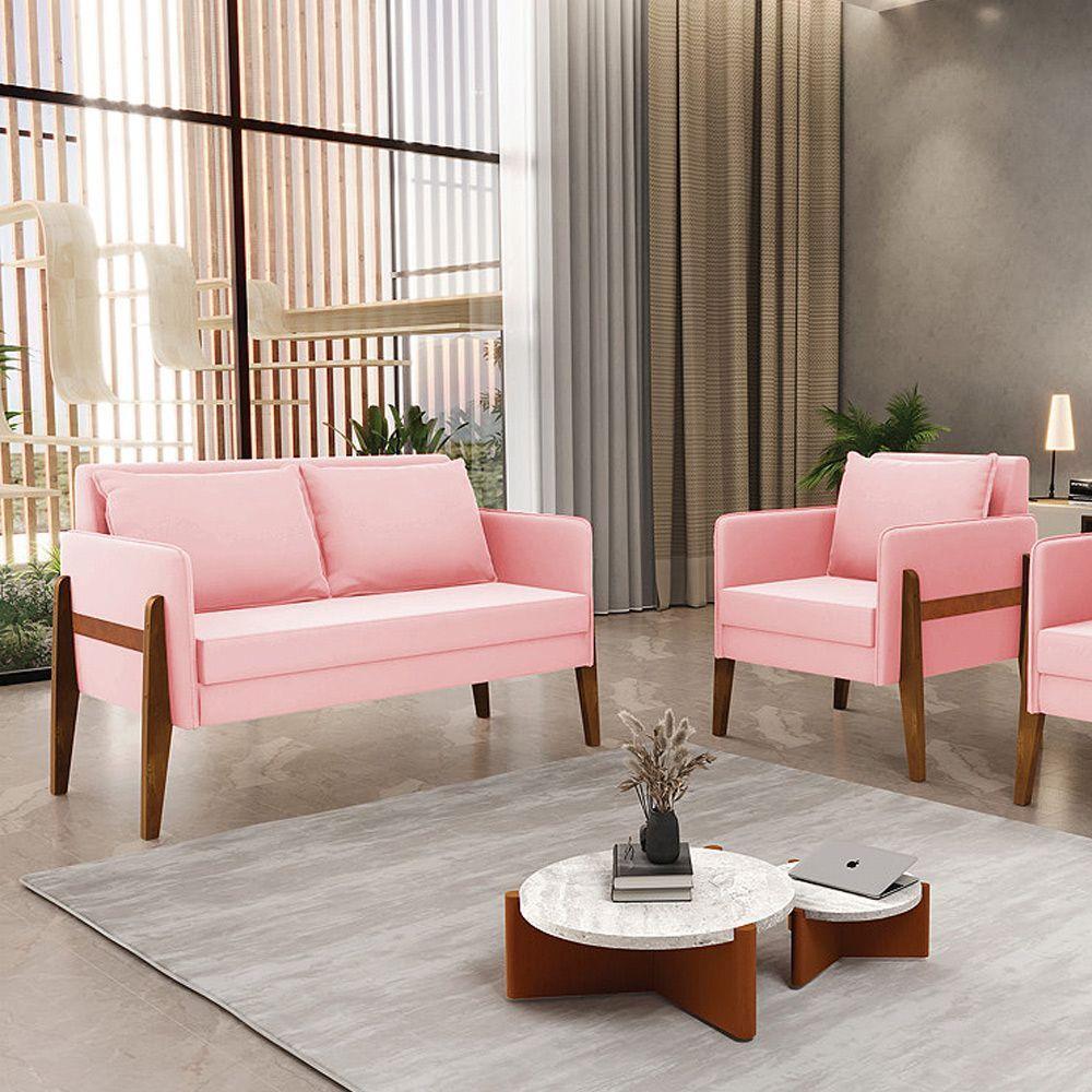 Kit 1 Sofá Namoradeira E 1 Poltrona Lana Suede Rosa Bebê Base De Madeira - D'rossi - 8