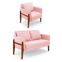 Kit 1 Sofá Namoradeira E 1 Poltrona Lana Suede Rosa Bebê Base De Madeira - D'rossi - 1