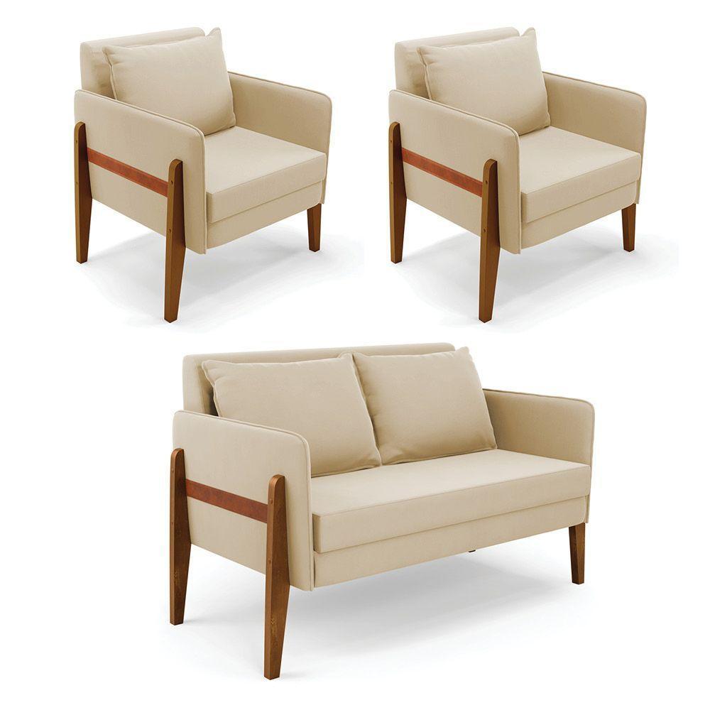 Kit 1 Sofá Namoradeira E 2 Poltronas Lana Suede Base De Madeira - D'rossi Cor Bege - 1
