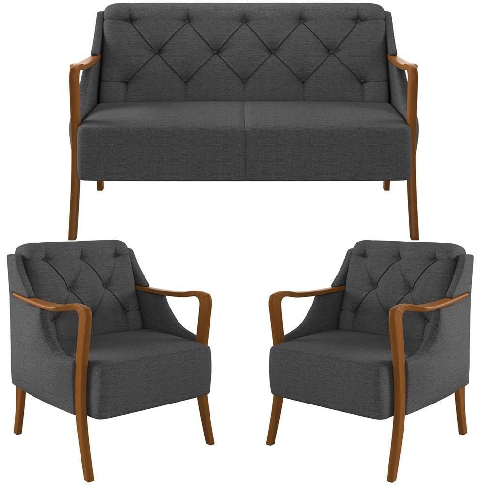 Kit Sofá 02 Lugares 135Cm Com 02 Poltronas Coral M03 Chumbo - 1