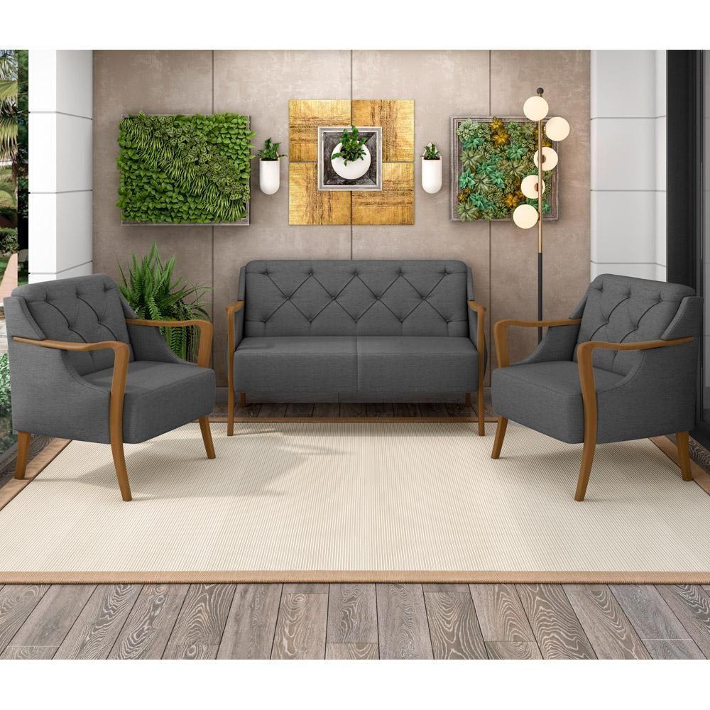Kit Sofá 02 Lugares 135Cm Com 02 Poltronas Coral M03 Chumbo - 12