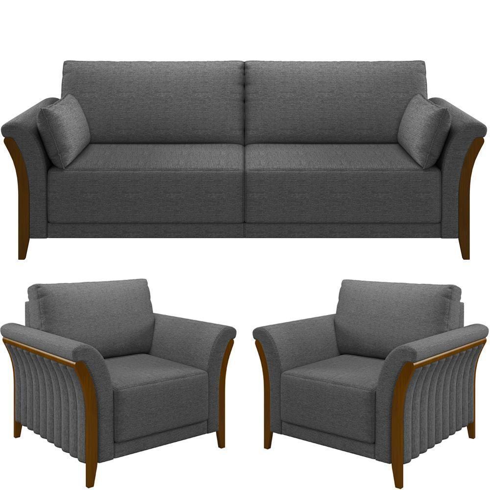 Kit Sofá 03 Lugares 222Cm Com 02 Poltronas M03 Linho Chumbo - 1