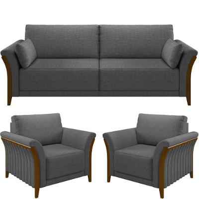 Kit Sofá 03 Lugares 222Cm Com 02 Poltronas M03 Linho Chumbo