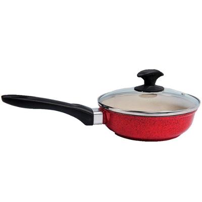 Frigideira 2020JAV Vermelho Antiaderente Marmorizado Alumínio 24cm Tampa Vidro Temperado Talheres