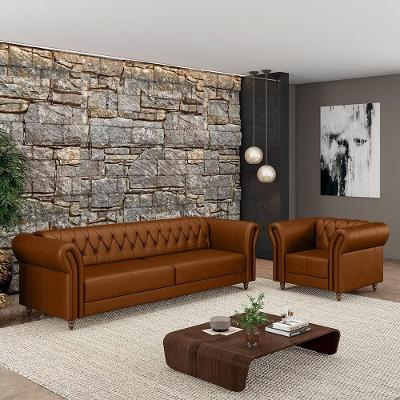 Conjunto de Sofá Stanford Chesterfield 200CM Couro Caramelo Gran Belo